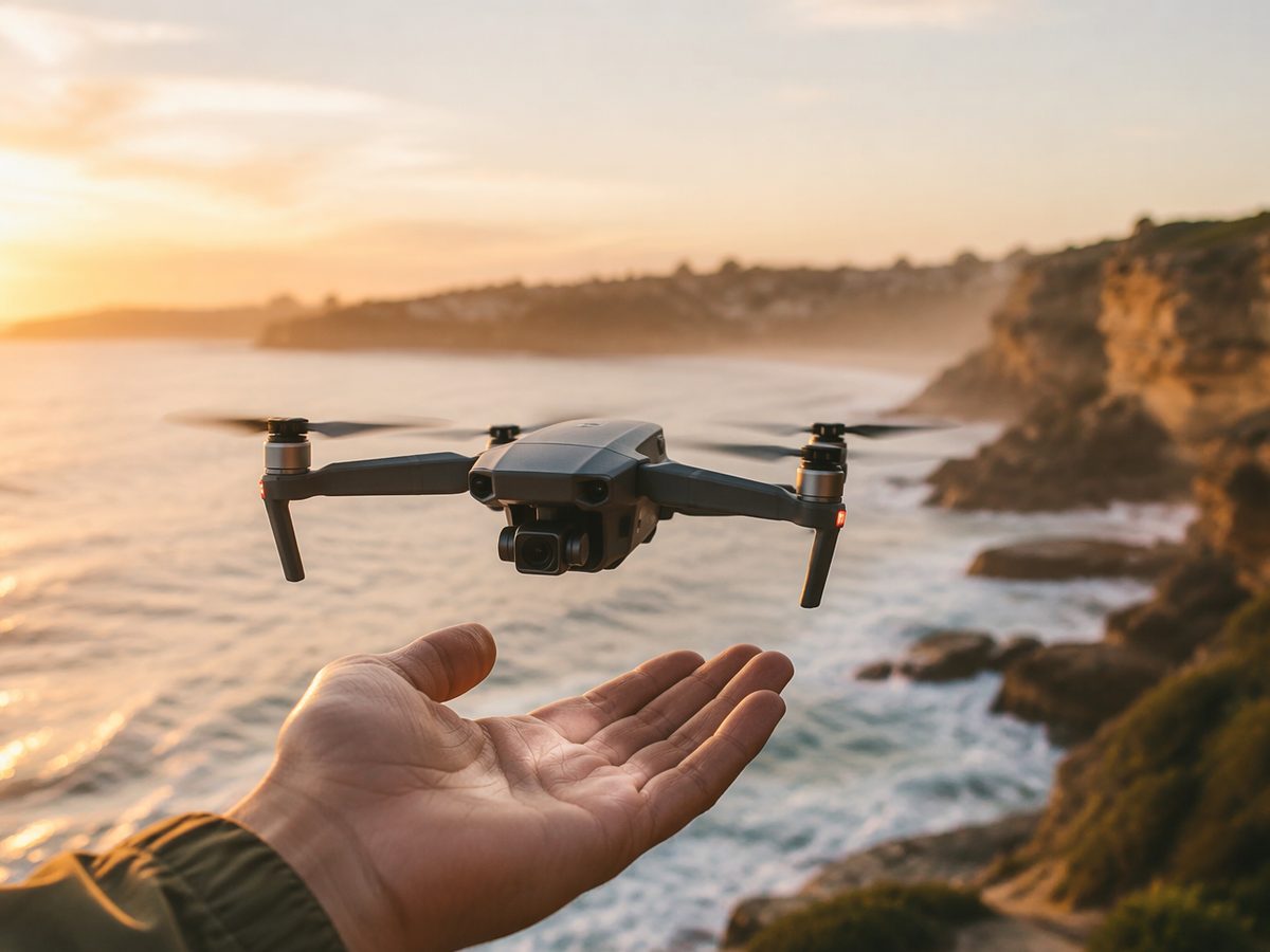 Drone in flight at sunrise